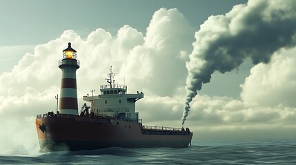 Obraz premium A cargo ship passing a lighthouse