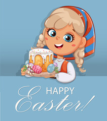 Сute little girl holds an Easter cake and painted eggs.