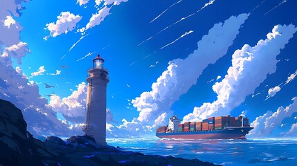  A cargo ship passing a lighthouse