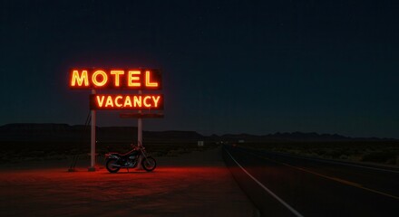Vintage Motel Vacancy Sign Lit Up at Night with Motorcycle