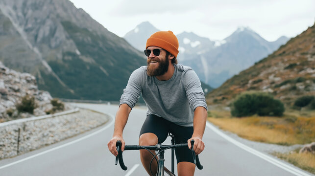 A man wearing a hat and sunglasses is riding a bicycle down a road. The man is smiling and he is enjoying his ride. The road is surrounded by mountains, which adds to the scenic beauty of the scene