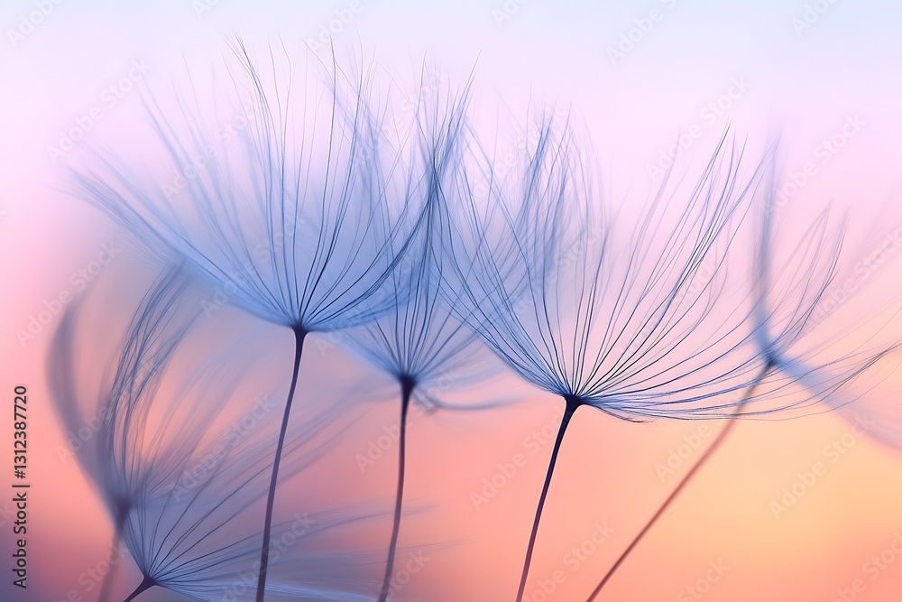 Poster Mesmerizing view of dandelion seeds against a soft pastel background capturing the essence of nature's beauty and gentleness : Generative AI