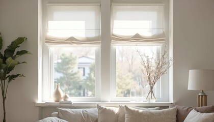 White roman blinds on windows in living room. Sunlight streams through semi-transparent fabric. Modern interior features cosy lounge, comfortable home decor. Classic house design with indoor potted