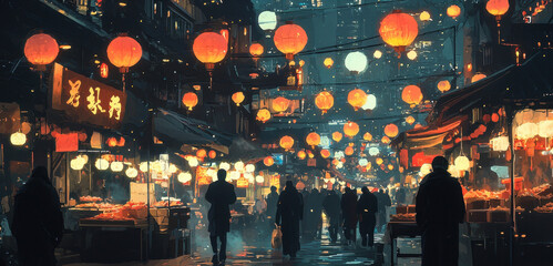 Lanterns illuminate a lively night market in the city, with shoppers exploring various stalls. The atmosphere is vibrant, and the excitement is palpable, creating a festive ambiance