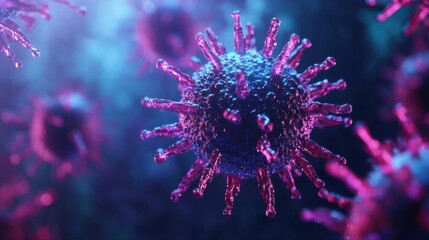 The visualization shows a detailed representation of a virus with striking purple and blue hues, showcasing its complex structure, emphasizing its significance in health science