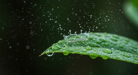 Water Droplet Collision Creating Crown on Green Leaf with Bokeh Effect