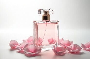 Elegant pink perfume bottle surrounded by flower petals. Beauty cosmetic fragrance spray, luxury scent for women. Aroma fashion perfumery object, cologne container, isolated on white background for