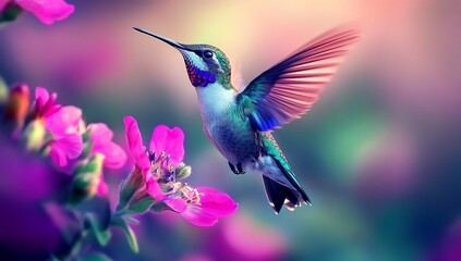 Fototapeta premium Artistic shot of a hummingbird gracefully flying near pink flowers showcasing vibrant colors and soft light : Generative AI