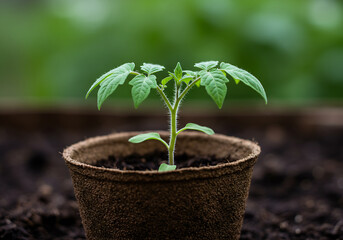 A Tiny Tomato Sprout in Its Peat Pot