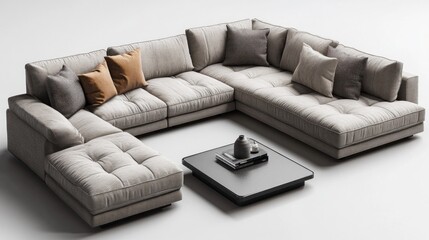 A large sectional sofa with pillows and a black table