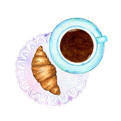 Watercolor illustration: cup, espresso americano coffee, round paper napkin with lace edge, croissant. Hand drawn composition on white for menu café, coffee house, bakery, flyer, advertising, decor