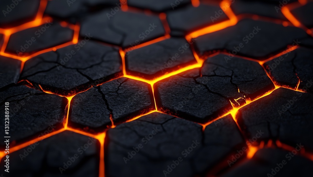 Poster Artistic representation of glowing cracks in magma rock with a striking hexagonal arrangement : Generative AI