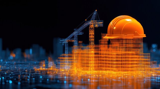 Digital Construction: Innovative Building Design with Crane and Helmet