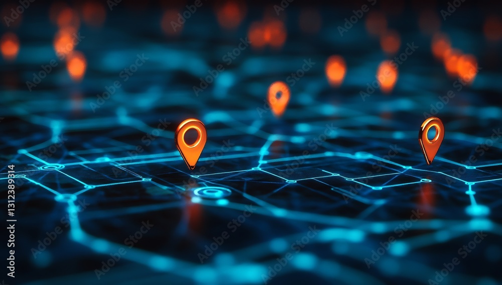 Poster Close-up view of a dynamic digital map with prominent location pointers and interconnected paths illuminated in blue and orange : Generative AI