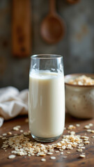 Glass of milk with toppings on a rustic table.