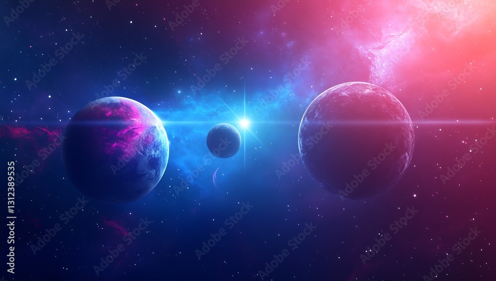 Aufkleber mesmerizing cosmic panorama featuring three planets shining brightly in a vibrant nebula : generativ