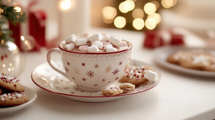 Fototapeta premium Festive Hot Chocolate with Marshmallows and Christmas Cookies