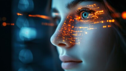 Fototapeta premium Futuristic Portrait of a Young Woman with Technological Data Overlay and Bright Blue Eye : Generative AI