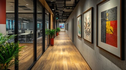 An inviting office hallway showcases contemporary artwork and lush plants, creating a vibrant atmosphere for employees. The space is brightly lit and well-designed