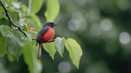 Red And Black Bird Perched On A Branch In The Rain
