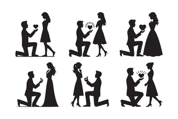 Set of a Silhouette vector of a Man Proposing a Woman with a Rose, isolated on a white background