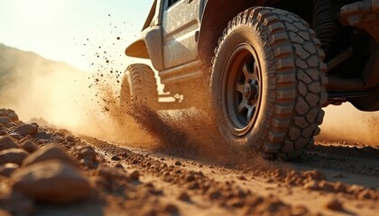 Low-angle close-up of off-road vehicle wheels spinning, kicking up mud, dust illuminated sunlight. Rugged terrain, powerful car motion adventure, energy. Thrill, challenge, freedom, extreme sports