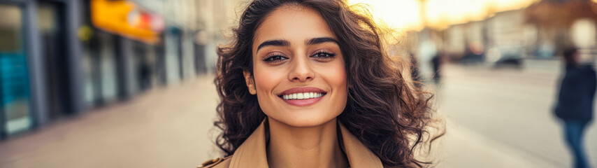 Fototapeta premium Woman with curly hair smiles while walking through city street during sunset