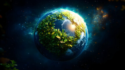Obraz premium Lush green planet Earth in space, glowing with life.