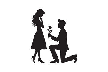 Silhouette vector of a Man Proposing a Woman with a Rose, isolated on a white background