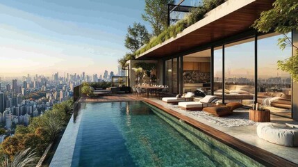 Luxury rooftop pool and modern apartment overlooking a cityscape