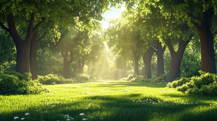 Sunlight streams through tall trees in a verdant natural landscape
