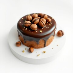 Decadent chocolate cake with creamy ganache and brown sweets, served on white plate.