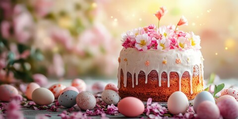 Spring celebration cake adorned with flowers and pastel eggs set in a vibrant floral backdrop