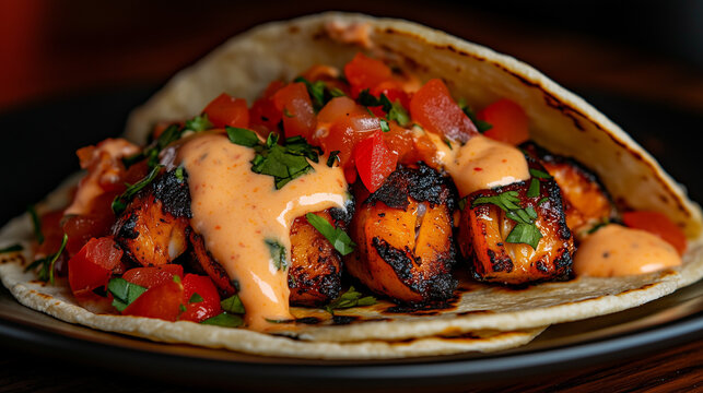 Gourmet fish taco with grilled seafood, zesty pico de gallo, creamy spicy mayo, and fragrant herbs nestled in warm tortilla