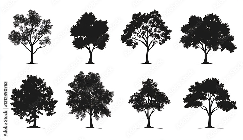 Poster collection of artistic silhouetted trees showcasing varied forms and textures for creative designs :