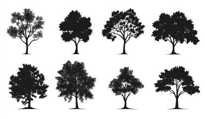 Collection of Artistic Silhouetted Trees Showcasing Varied Forms and Textures for Creative Designs : Generative AI