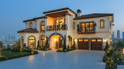 Luxurious Mediterranean-style villa at dusk