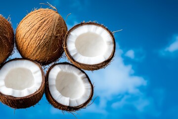 Fresh coconuts with bright blue sky background, showcasing their inner texture