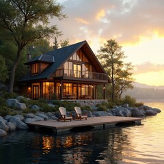 Obraz premium Lake house on water with natural tree landscaping. Lakeside cabin concept. Wooden dock with chairs. Luxury home architecture in quiet place with water reflections on sunset.