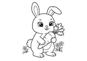 Adorable bunny happily holds large carrot simple line drawing. AI Generated