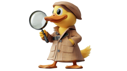 Detective duck holding magnifying glass investigating a case on transparent background