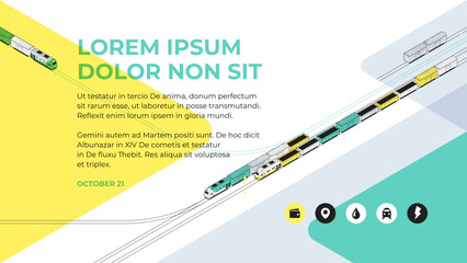 Green and yellow freight trains are moving along the rails. Isometric illustration or background for a presentation, annual report, booklet, brochure. Strokes are editable