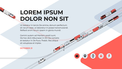 Red and gray freight trains are moving along the rails. Isometric illustration or background for a presentation, annual report, booklet, brochure. Strokes are editable