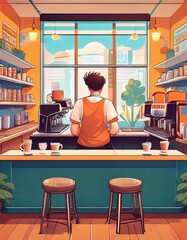 A barista stands behind a counter, preparing drinks in a bustling college coffee shop.