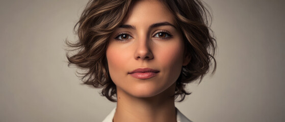 Naklejka premium Young woman with short hair gazes confidently at the camera in a neutral background