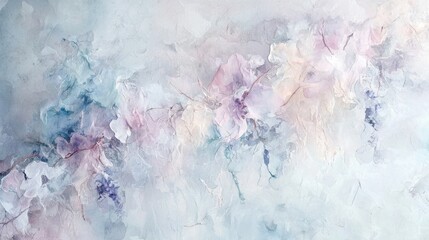This abstract artwork showcases floral motifs in soft pastel colors, blending shades of pink, blue, and cream on a textured, muted background. The gentle design invites tranquility