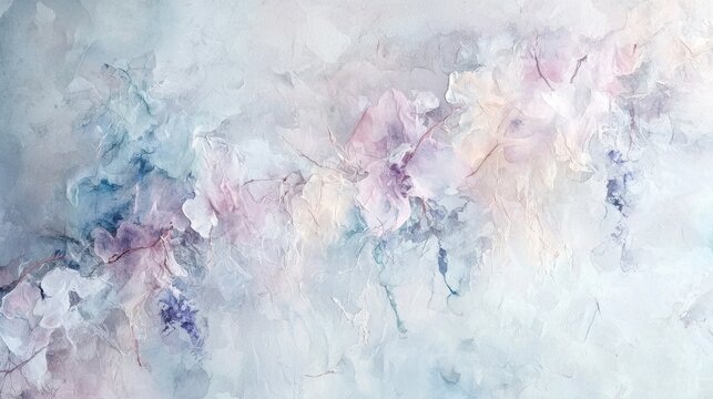 This abstract artwork showcases floral motifs in soft pastel colors, blending shades of pink, blue, and cream on a textured, muted background. The gentle design invites tranquility
