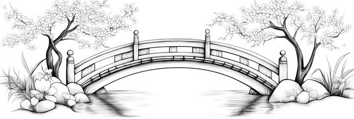 Obraz premium Serene Bridge in a Tranquil Garden - A tranquil scene of a curved wooden bridge spanning a calm pond, flanked by flowering trees and rocks