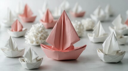 Pink origami boat amidst white, leadership concept