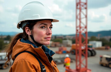 A modern banner featuring a close-up photograph of a woman wearing a safety helmet at a construction site. Includes empty space for text. Ideal for real estate, construction materials.